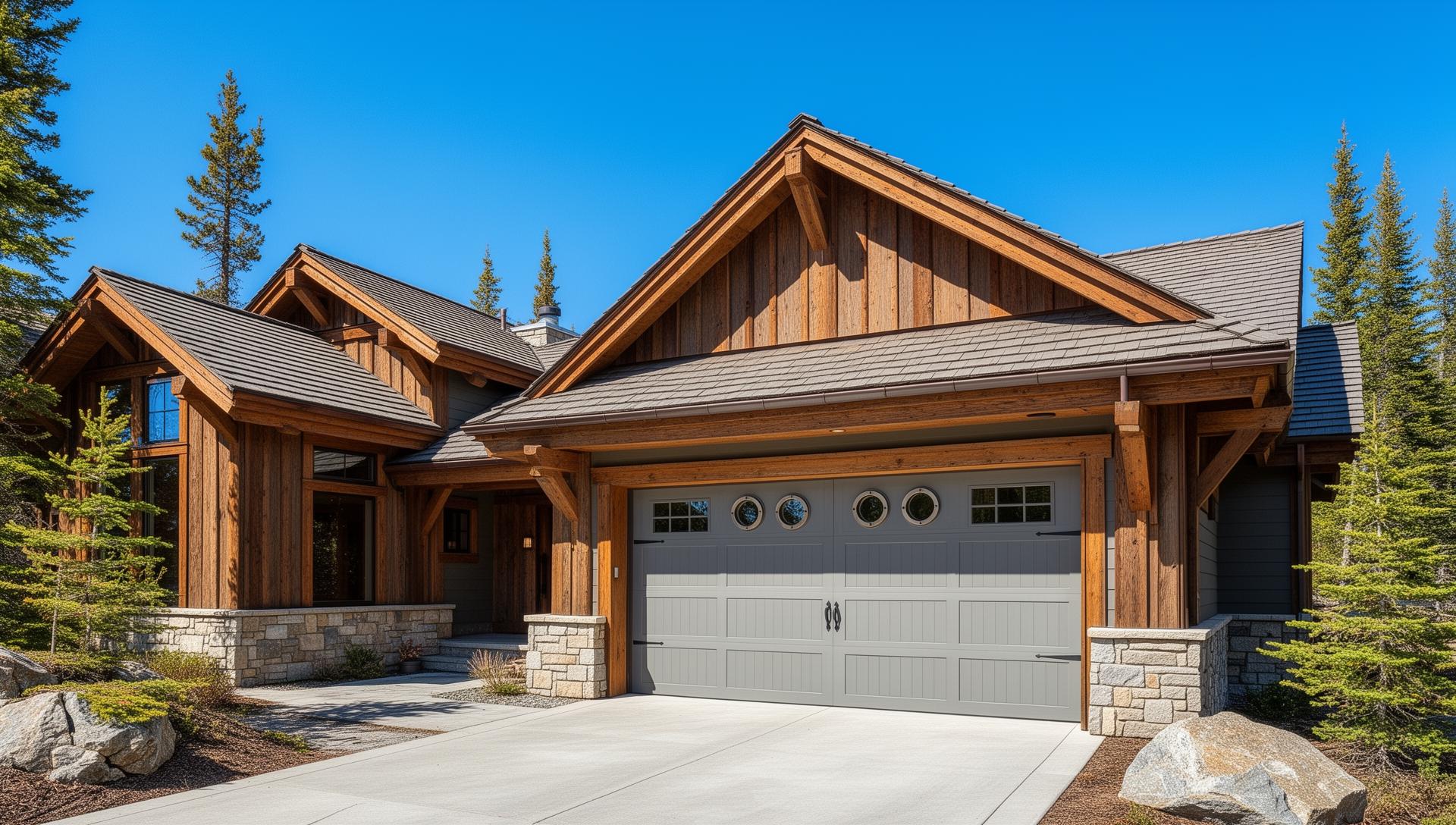 Mountain lodge home with elegant coastal style garage door featuring porthole windows